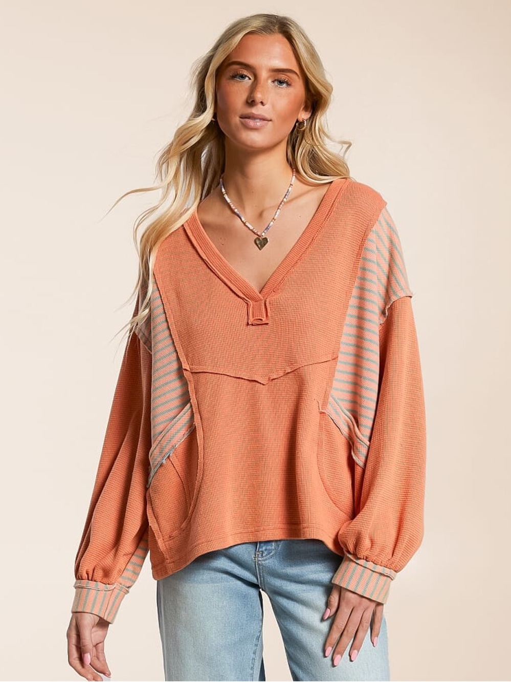 POL Peach Striped-Panel V-Neck Oversized Sweater
